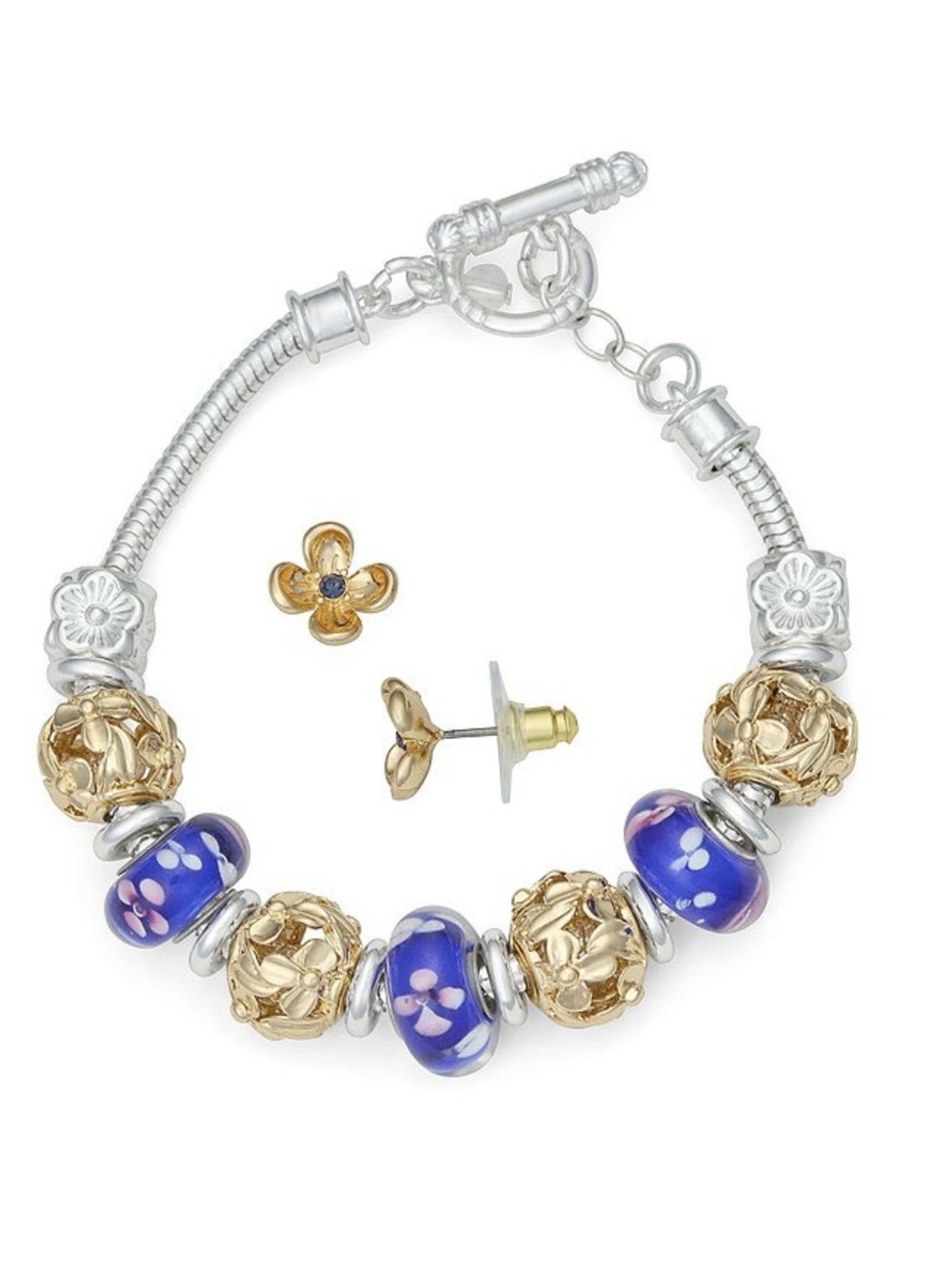 Napier Two-Tone Flowers Charm Bracelet and Earrings Set - Picture 2 of 5